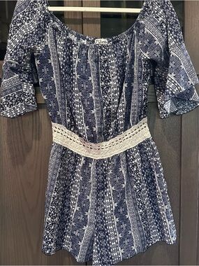 Women's J Justify Navy and White Boho Off-Shoulder Romper with Crochet Waist